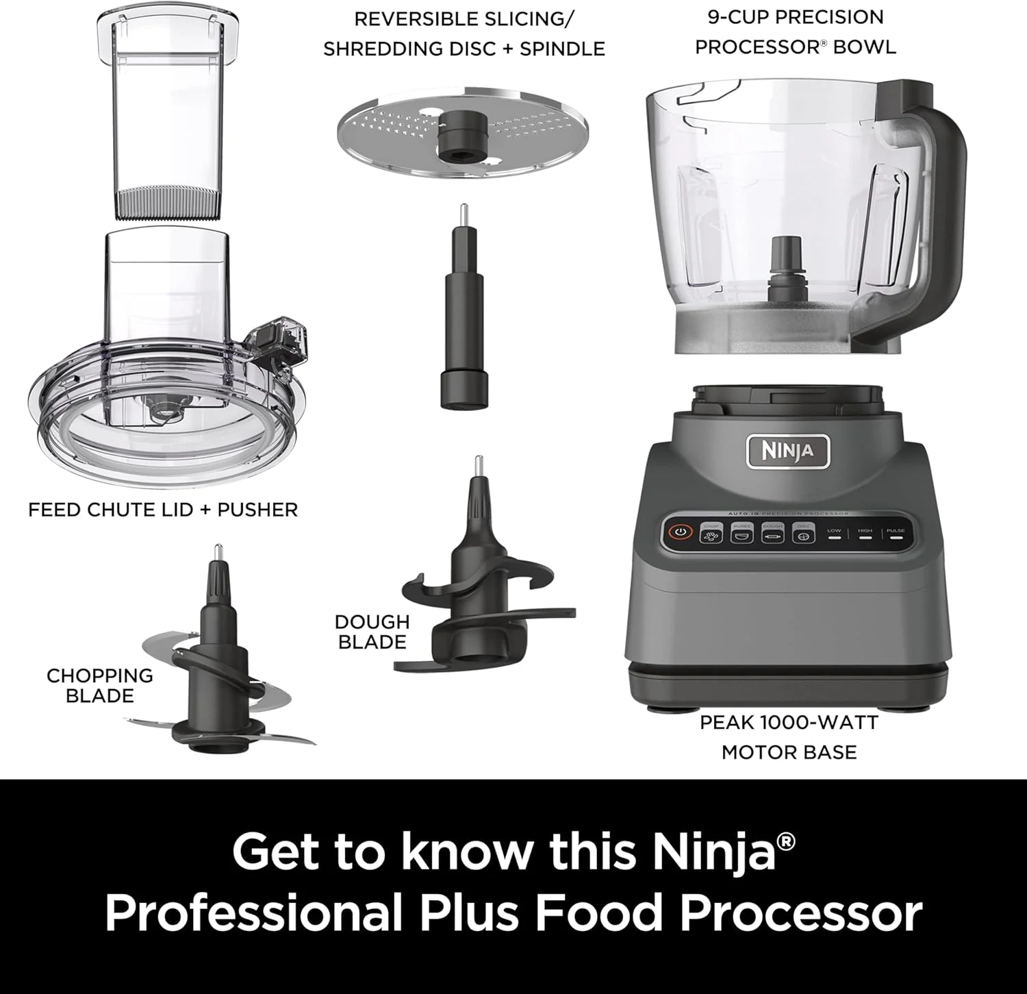 Ninja Food Processor, Professional Plus, 1000 Peak Watts, 4 Functions for Chopping, Slicing, Purees & Dough with 9-Cup Processor Bowl, 3 Blades, Food Chute & Pusher, Silver, BN601 - Image 8