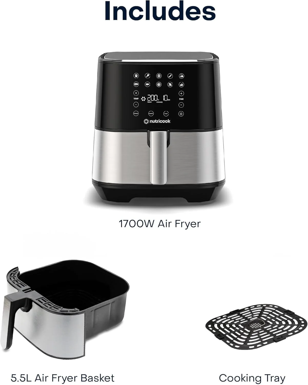 Nutricook Air Fryer 2, 1700 Watts, 5.5 Liters, Brush Stainless Steel/Black, Af205 - Image 8